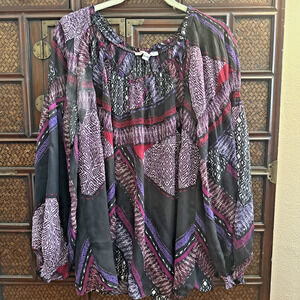 Valerie Stevens Purple Plum Geometric Long Sleeve Blouse Top Shirt Breezy‎ XL